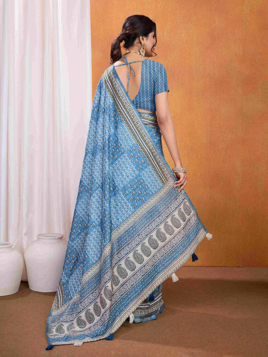 Blue Pure Tussar Silk Ajrakh Block Printed With Blouse Piece