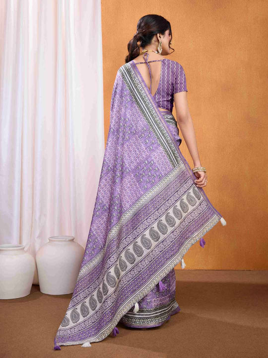 Purple Pure Tussar Silk Ajrakh Block Printed With Blouse Piece