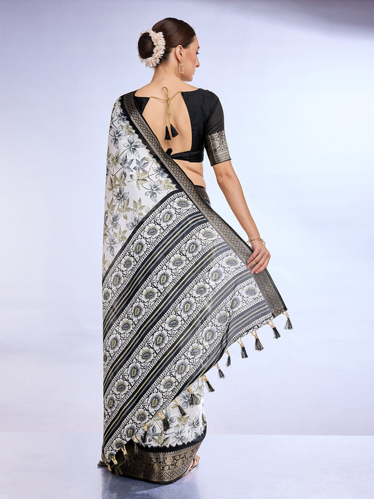 White & Black Dola Silk Saree With Blouse Piece