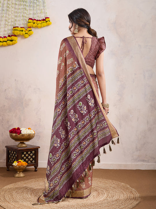 Brown Poly Crepe Festive Wear Saree With Blouse Piece