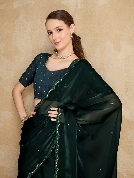 Embellished Mirror Work Organza Saree With Blouse Piece