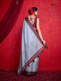 Blue Pure Tussar Viscose Border Paisley Digital Printed With Blouse Piece