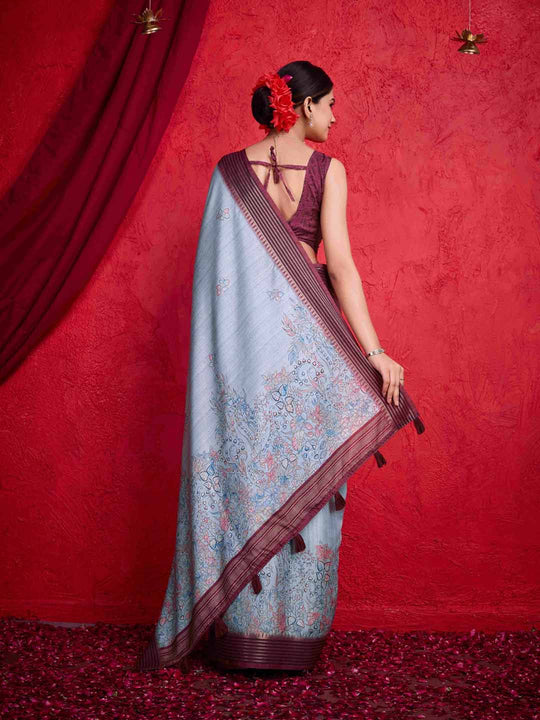 Blue Pure Tussar Viscose Border Paisley Digital Printed With Blouse Piece