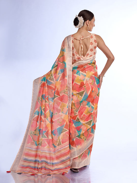 Red Linen Blend Saree With Blouse Piece