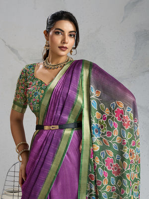 Pure Chiffon Digital Printed Woven Saree With Woven Border And Fancy Tassels