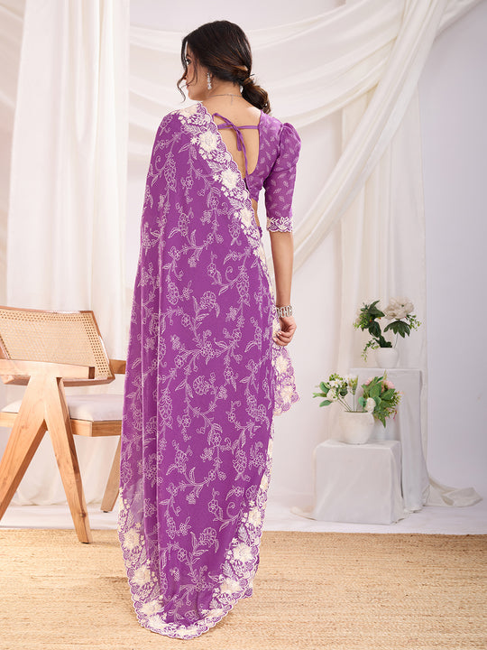 Purple Poly Georgette Festive Wear Saree With Blouse Piece