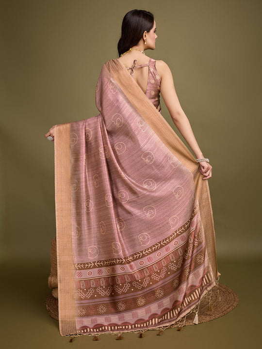 Peach Silk Blend Saree With Blouse Piece