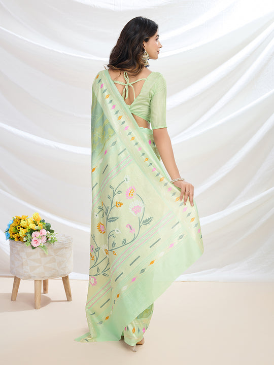 Pista Green Handloom Silk Festive Wear Saree With Blouse Piece