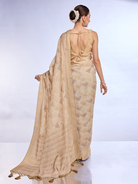 Cream Tissue Linen Blend Saree With Blouse Piece