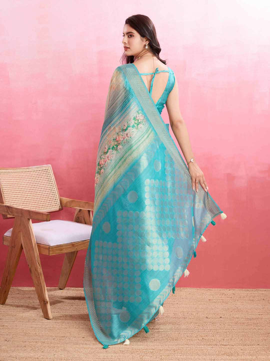 Blue Cotton Banarasi Woven Rich Pallu Printed Saree With Blouse Piece