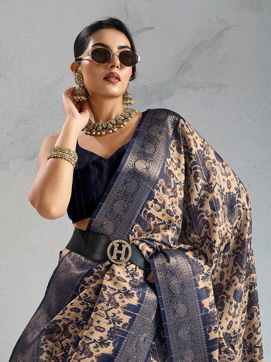 Poly Silk Woven Floral Digital Printed Saree With Woven Jacquard Border And Fancy Tassels
