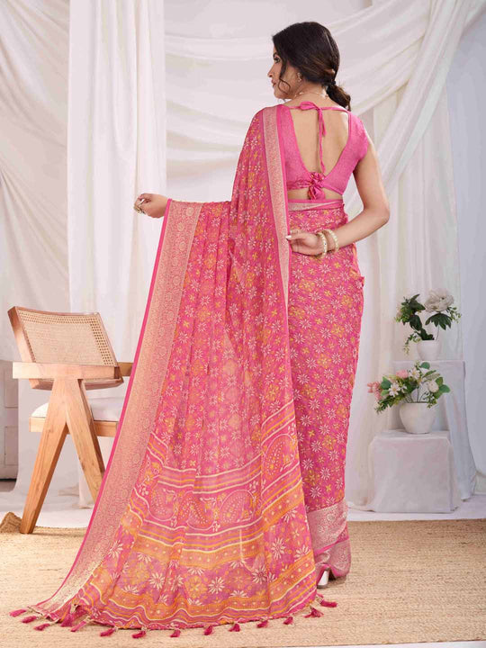 Onion Pink Pure Chiffon Viscose Border Block Printed Saree With Blouse Piece