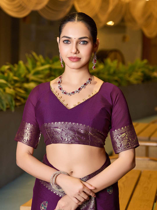 Violet Chinon Soft Silk Saree With Blouse Piece