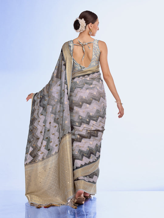 Grey Cotton Blend Saree With Blouse Piece