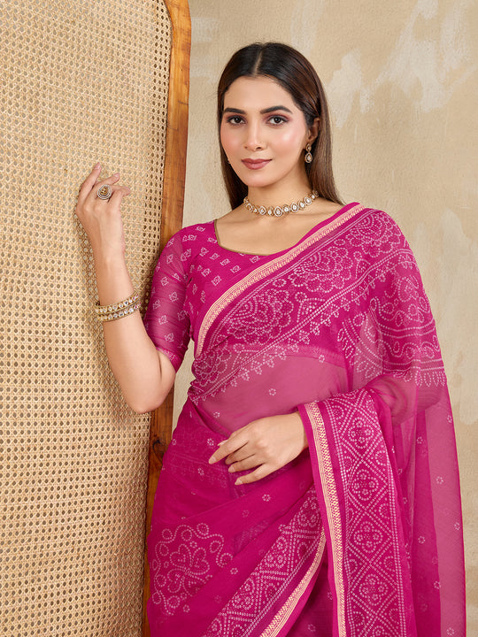 Pure Chiffon Bandhani Printed Saree With Viscose Woven Border And Blouse Piece