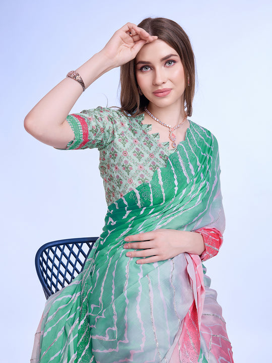 Green Poly Chiffon Festival Saree With Blouse Piece