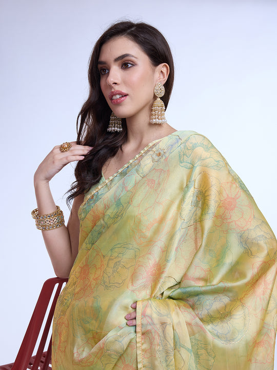 Sea Green Poly Chiffon Festive Wear Saree With Blouse Piecde