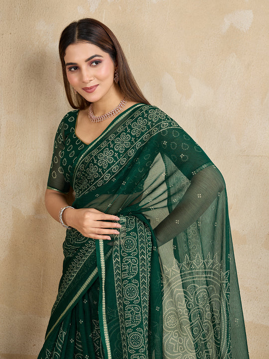 Pure Chiffon Bandhani Printed Saree With Viscose Woven Border And Blouse Piece