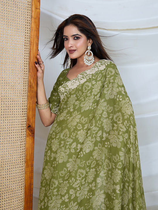 Poly Georgette Geometric Print Saree With Embroidery And Scaloping Work With Unstitched Blouse Piece