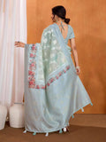 Seagreen Pure Cotton Lucknowi Woven Banarasi Saree With Ombre Floral Prints