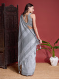 Grey Linen Blend Saree With Blouse Piece