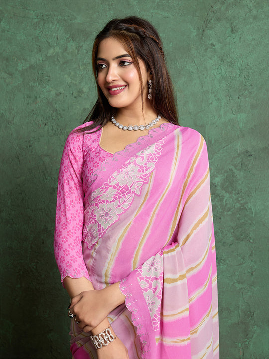 Poly Chiffon Leheriya Printed Saree With A Floral Touch And Swaroski Work With Scalloping