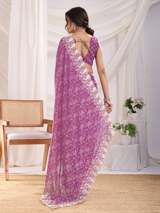 Purple Poly Georgette Festive Wear Saree With Blouse Piece