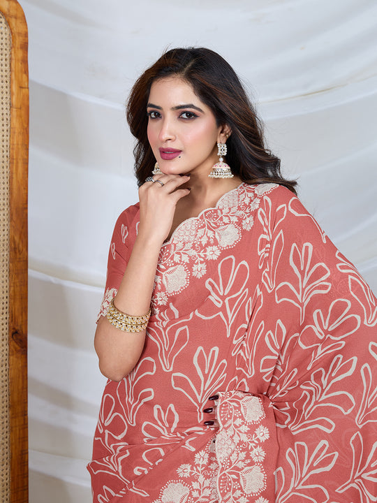 Poly Georgette Geometric Print Saree With Embroidery And Scaloping Work With Unstitched Blouse Piece