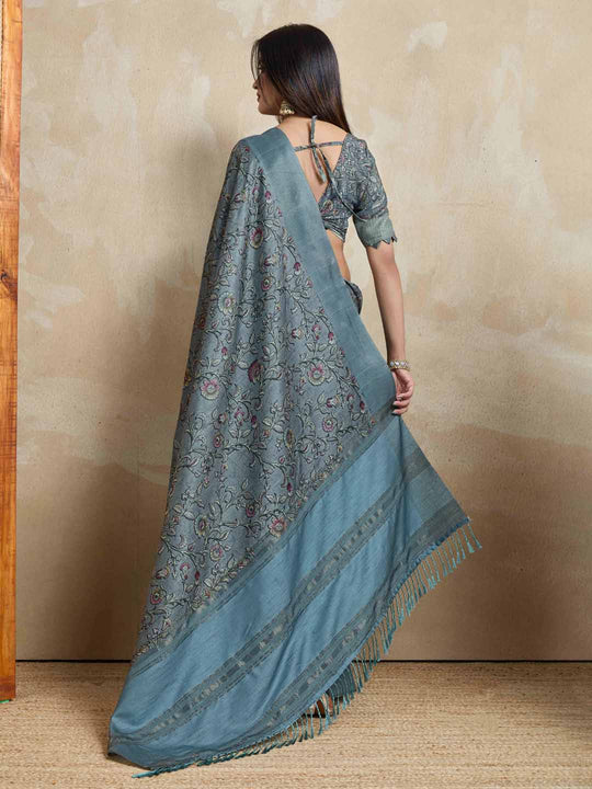 Grey Pure Handloom Tussar Woven Pallu Ajrakh Printed With Blouse Piece