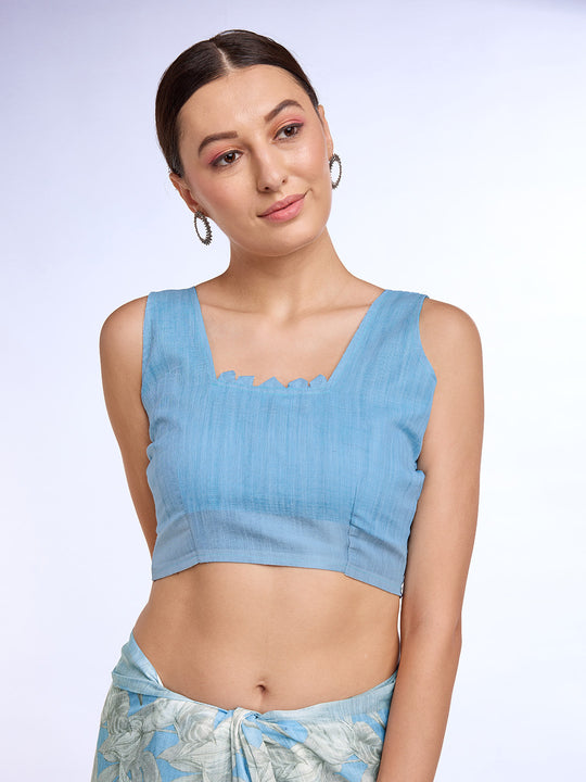 Blue Linen Blend Saree With Blouse Piece