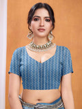 Blue Pure Tussar Silk Ajrakh Block Printed With Blouse Piece