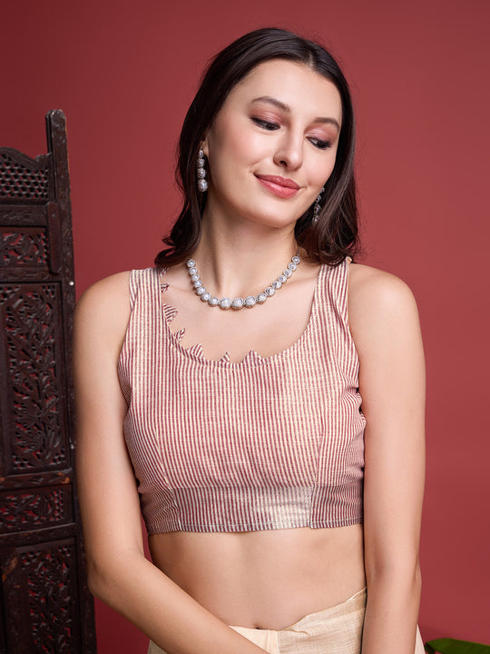 Beige  Linen Blend Saree With Blouse Piece