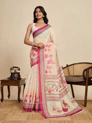 Cream Linen Saree With Jari Border All Over Single Colour Printed Saree With Blouse Piece