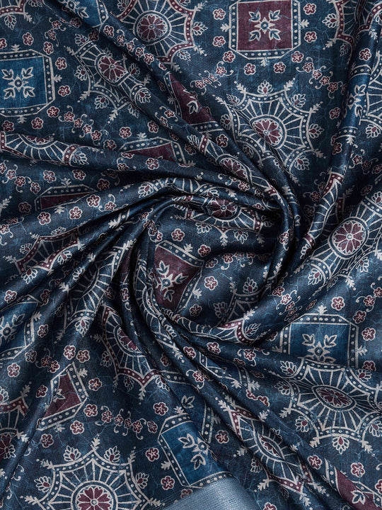 Indigoblue Pure Handloom Tussar Woven Pallu Ajrakh Printed With Blouse Piece