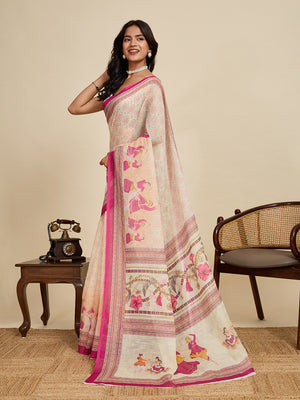 Cream Linen Saree With Jari Border All Over Single Colour Printed Saree With Blouse Piece