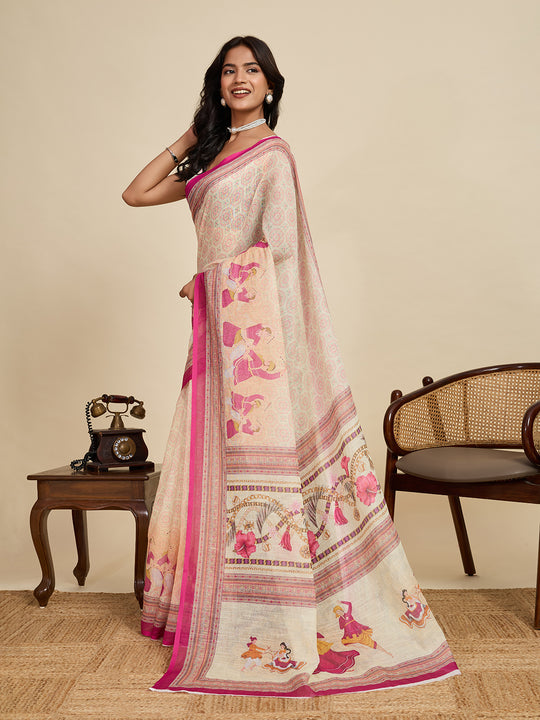 Cream Linen Saree With Jari Border All Over Single Colour Printed Saree With Blouse Piece