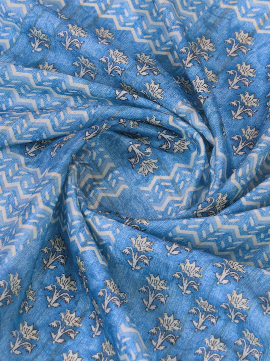 Blue Pure Tussar Silk Ajrakh Block Printed With Blouse Piece