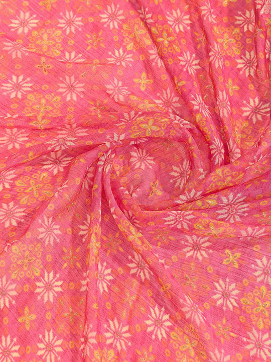 Coral Pink Pure Chiffon Viscose Border Block Printed Saree With Blouse Piece