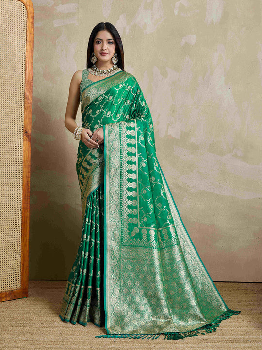 Green Pure Satin Banarasi Saree With Tassels Saree With Blouse Piece
