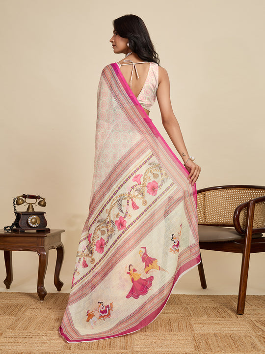 Cream Linen Saree With Jari Border All Over Single Colour Printed Saree With Blouse Piece