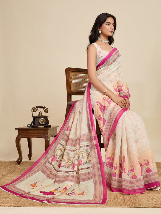 Cream Linen Saree With Jari Border All Over Single Colour Printed Saree With Blouse Piece