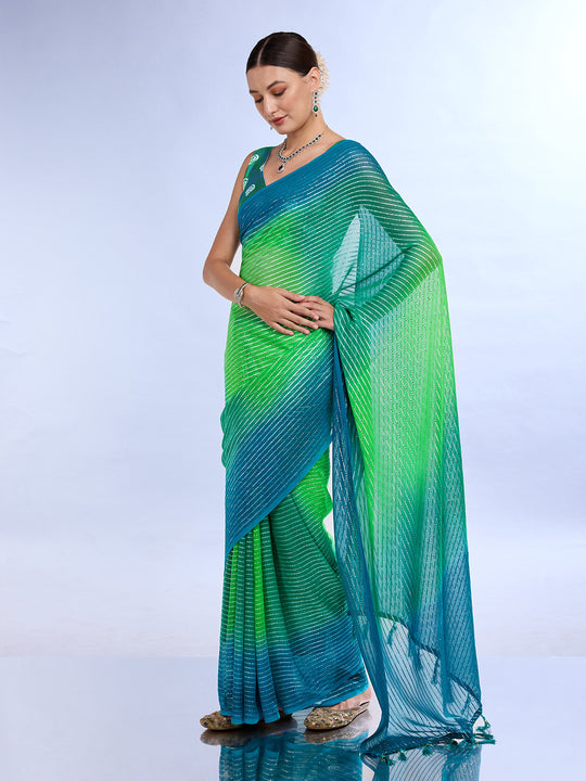 Green & Blue Weightless Saree With Blouse Piece