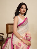 Cream Linen Saree With Jari Border All Over Single Colour Printed Saree With Blouse Piece