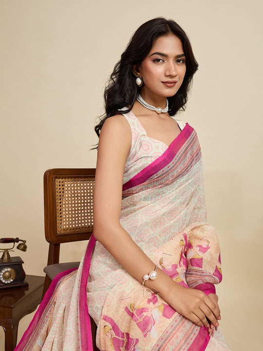 Cream Linen Saree With Jari Border All Over Single Colour Printed Saree With Blouse Piece