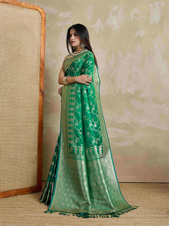 Green Pure Satin Banarasi Saree With Tassels Saree With Blouse Piece