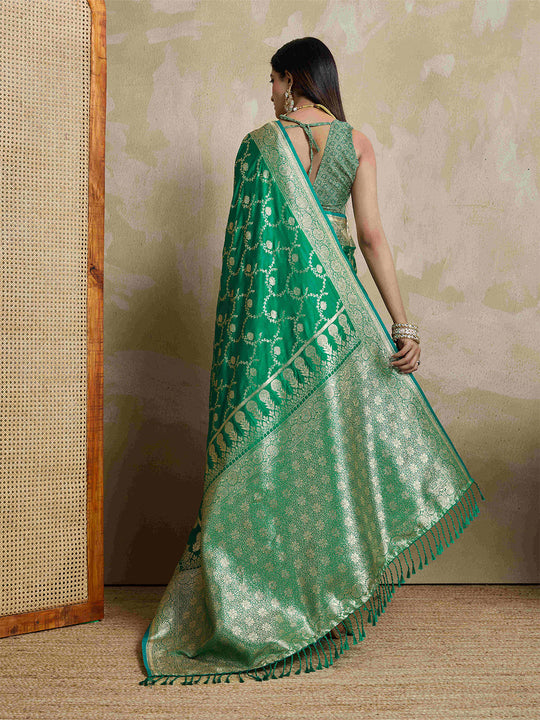 Green Pure Satin Banarasi Saree With Tassels Saree With Blouse Piece