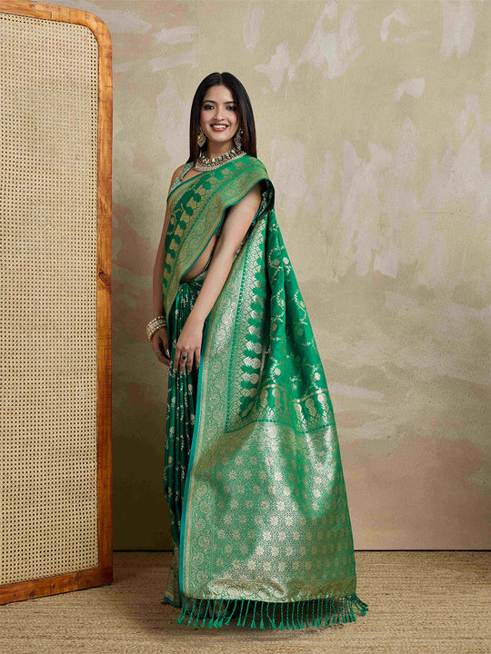 Green Pure Satin Banarasi Saree With Tassels Saree With Blouse Piece