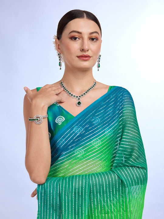 Green & Blue Weightless Saree With Blouse Piece