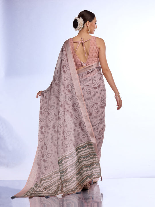 Grey Melange Linen Blend Saree With Blouse Piece