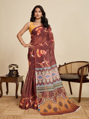 Maroon Linen Saree With Jari Border All Over Single Colour Printed Saree With Blouse Piece